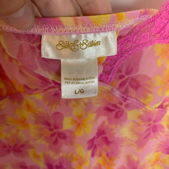 Silk & Satin Y2K Hawaiian Floral  Sheer Slip Dress Size Large Pink Orange Sexy - Picture 3 of 8